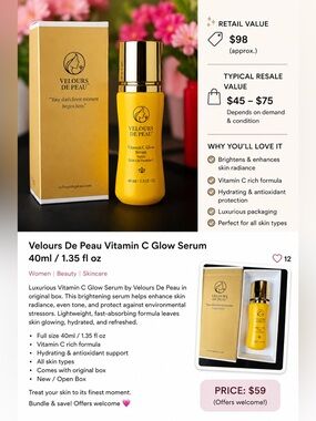 Velours De Peau Vitamin C Glow Serum 40ml Luxury Brightening Skincare NIB